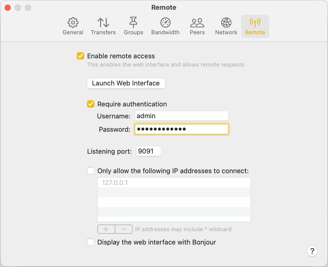 Selecting the Remote tab in Transmission Settings window