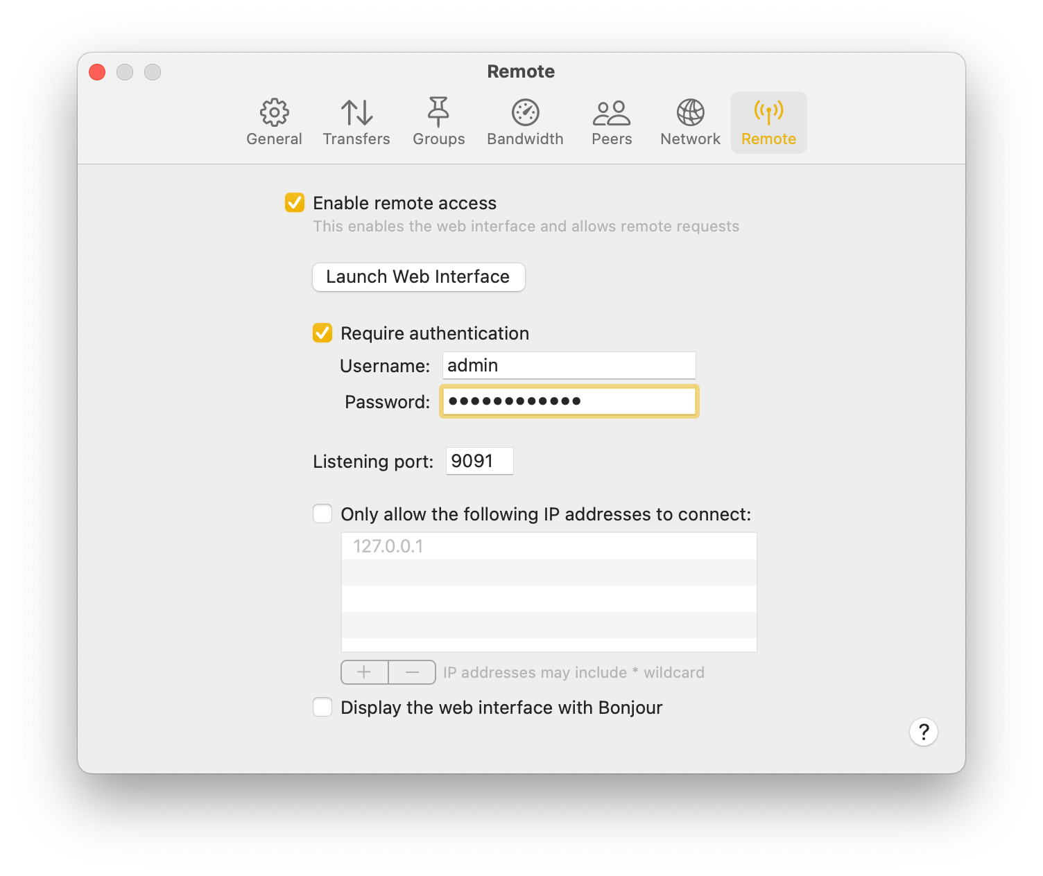 Selecting the Remote tab in Transmission Settings window