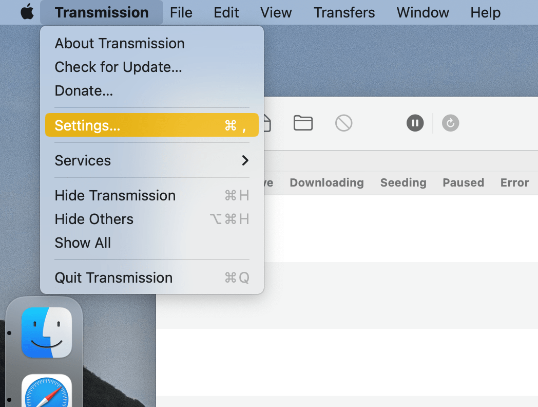 Selecting Settings in Transmission menu bar item